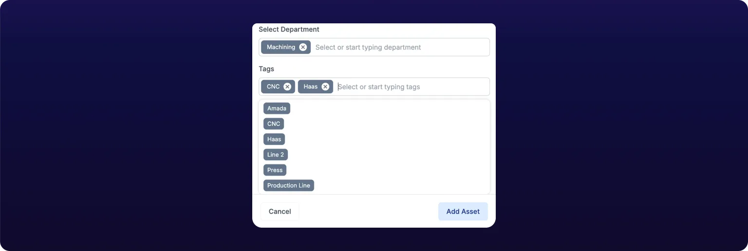 The Tags field of the Add Asset modal with two tags applied