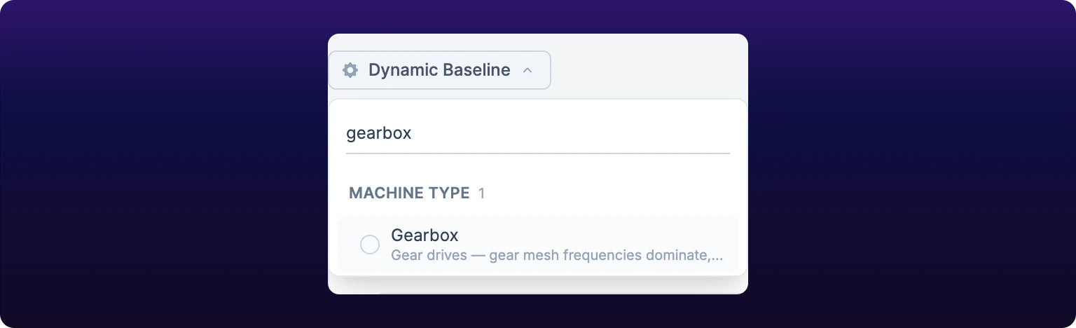 A cropped detail of the profile dropdown with the word gearbox typed into the search box. The Adaptive and ISO groups are gone and only the Machine Type group remains, showing one option, Gearbox, with the description Gear drives, gear mesh frequencies dominate, sidebands indicate wear