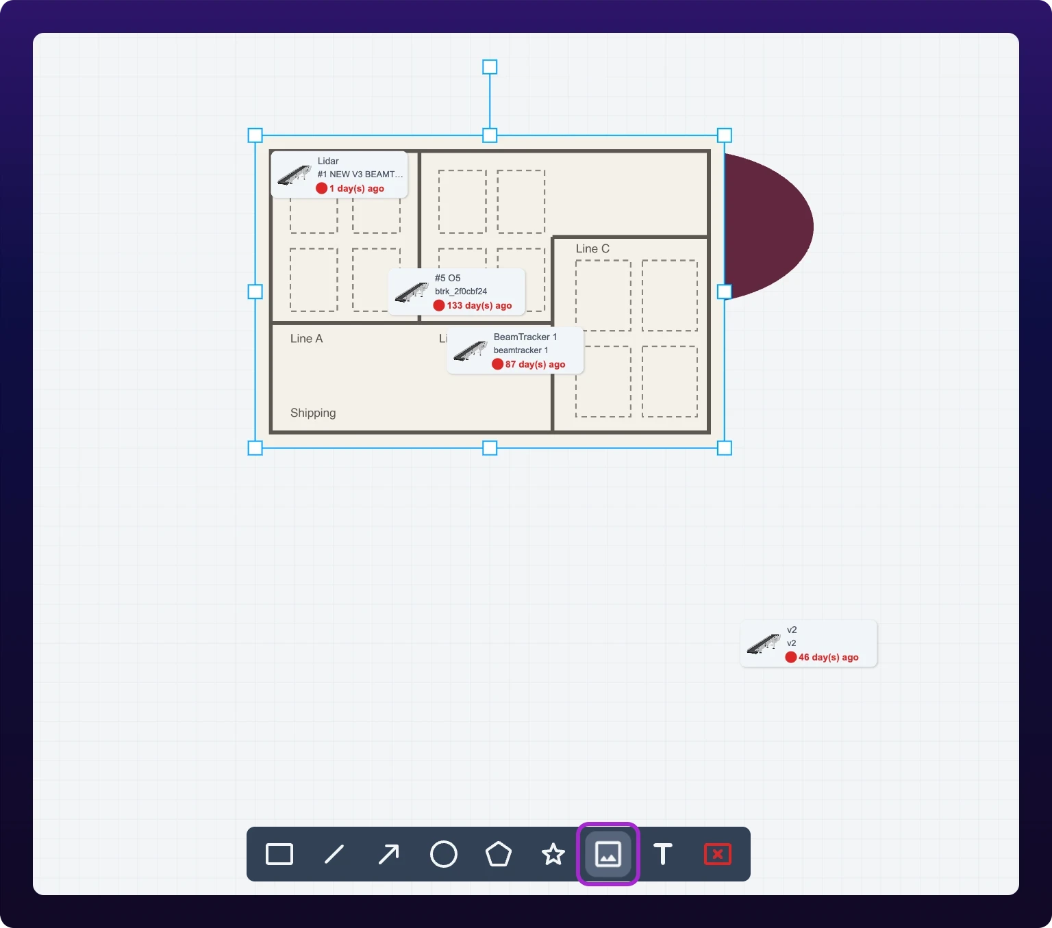 A floor-plan drawing placed on the canvas with its corner handles showing, and the image button highlighted in the toolbar at the bottom of the screen