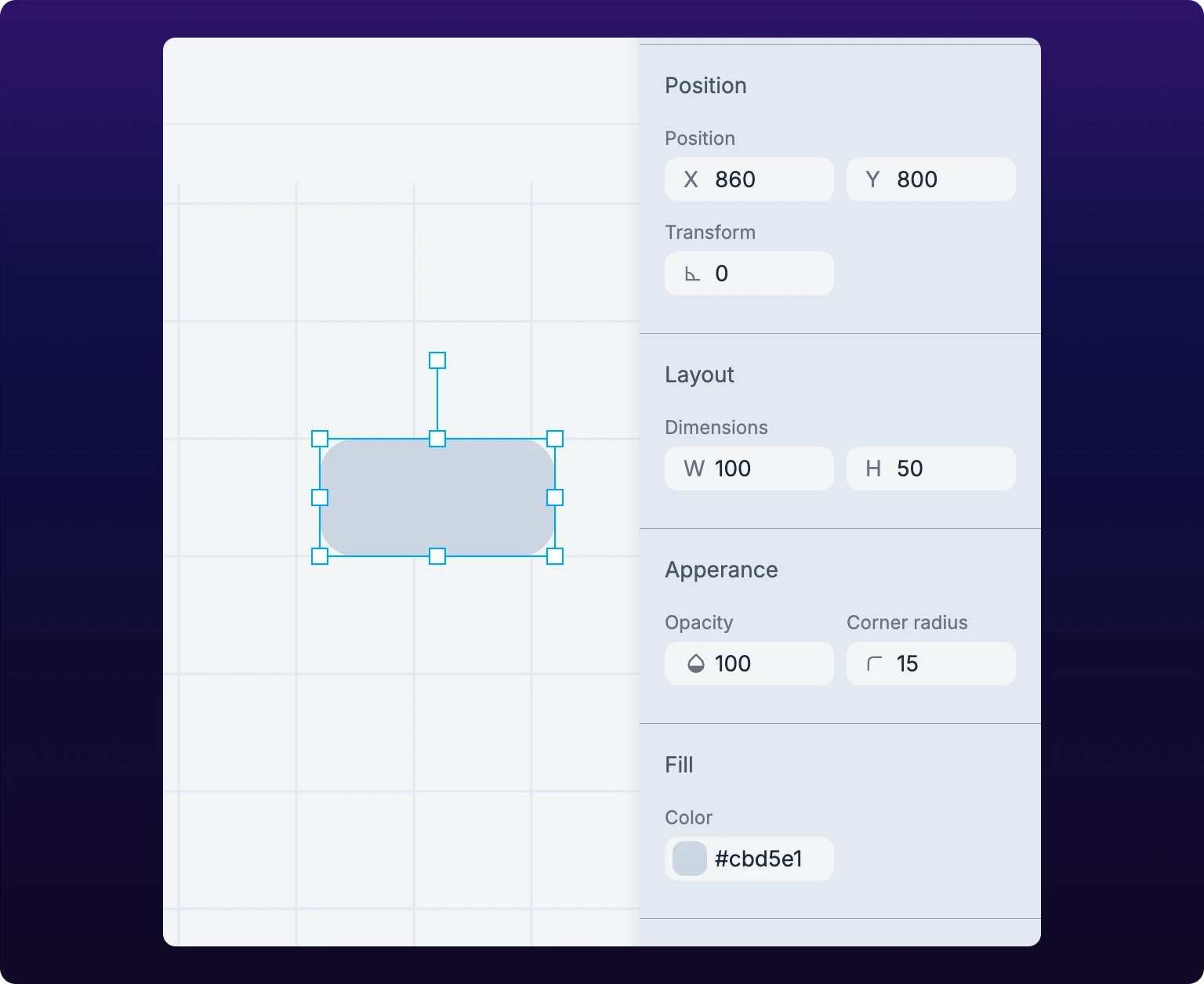 A selected rectangle on the canvas with the property drawer open at the right, showing the Position, Transform, Dimensions, Appearance and Fill sections with X, Y, rotation, W, H, opacity, corner radius and a color swatch