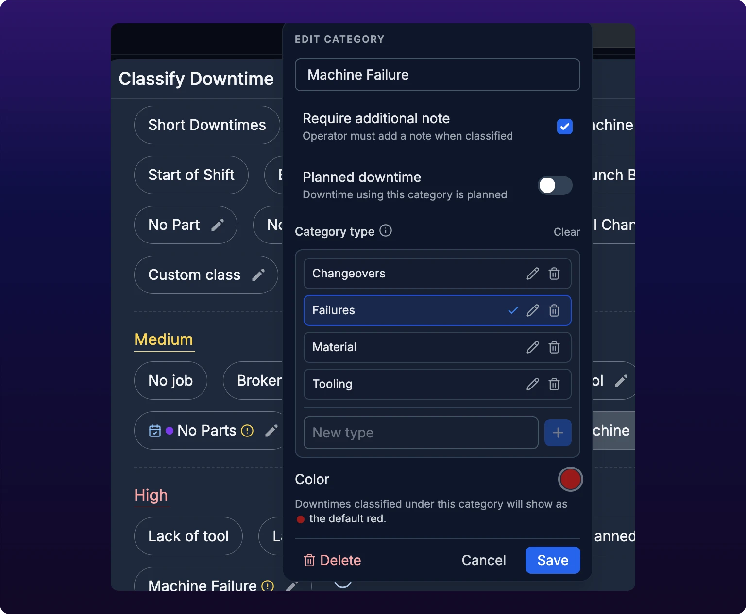 The Edit Category form open over the Classify Downtime modal, for the Machine Failure chip which carries an amber alert icon and a pencil. The form holds a name field reading Machine Failure, a Require additional note row whose checkbox is ticked and whose helper text reads Operator must add a note when classified, a Planned downtime row whose toggle is off, a Category type list of Changeovers, Failures, Material and Tooling with Failures carrying a check, a Color row showing the default red dot, and Delete, Cancel and Save buttons