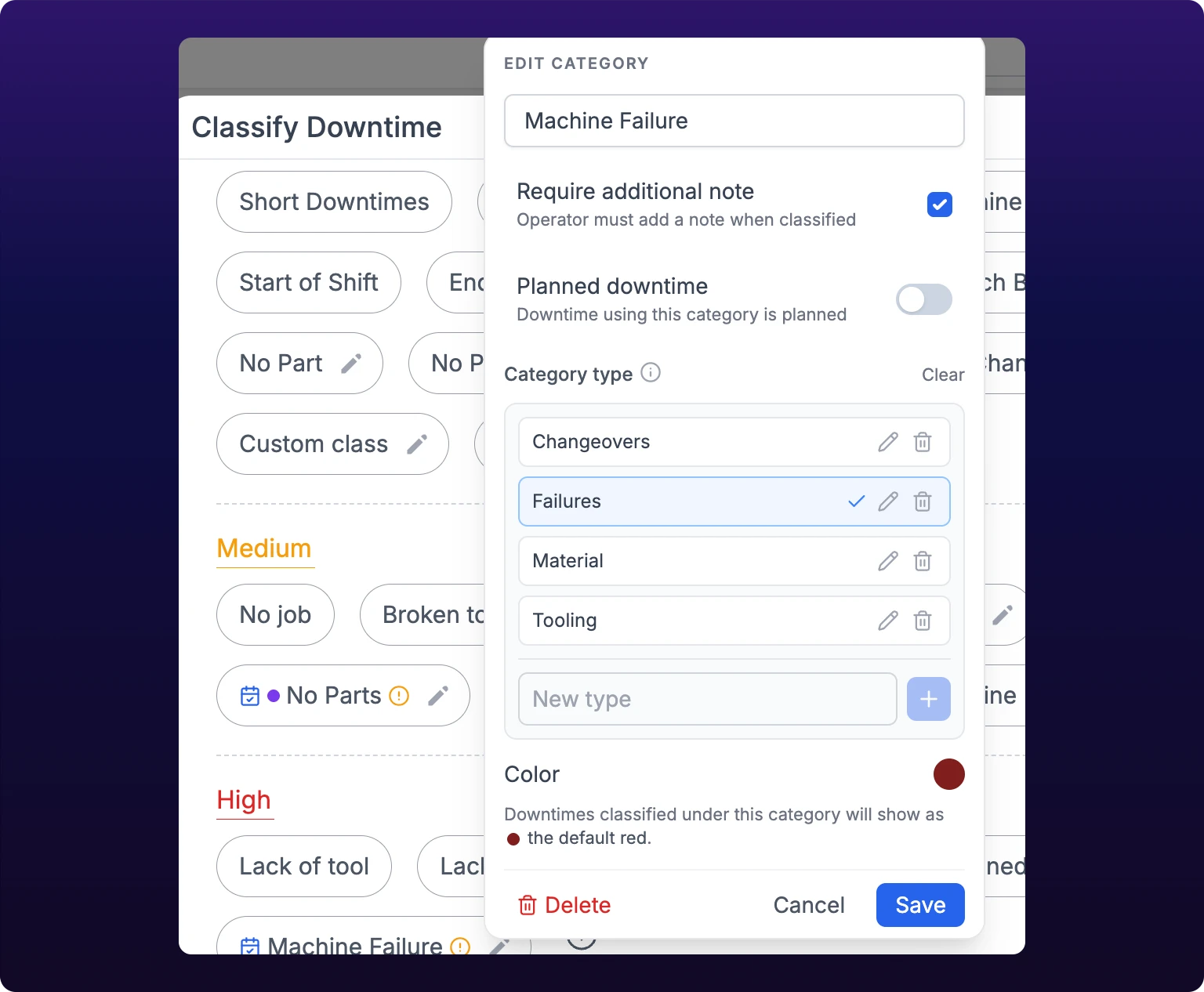 The Edit Category form open over the Classify Downtime modal, for the Machine Failure chip which carries an amber alert icon and a pencil. The form holds a name field reading Machine Failure, a Require additional note row whose checkbox is ticked and whose helper text reads Operator must add a note when classified, a Planned downtime row whose toggle is off, a Category type list of Changeovers, Failures, Material and Tooling with Failures carrying a check, a Color row showing the default red dot, and Delete, Cancel and Save buttons