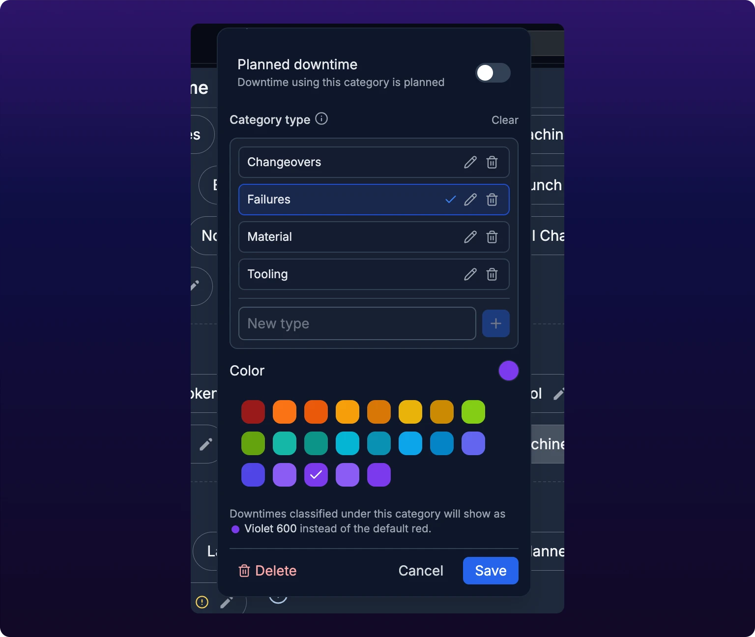 The Edit Category form for Machine Failure scrolled to its color grid, with the Planned downtime row and the Category type list above it. Twenty-one swatches sit in three rows, the dark default red first, and a white check mark marks a violet swatch in the bottom row. The Color dot at the right of the row has turned violet, and the line under the grid reads Downtimes classified under this category will show as Violet 600 instead of the default red