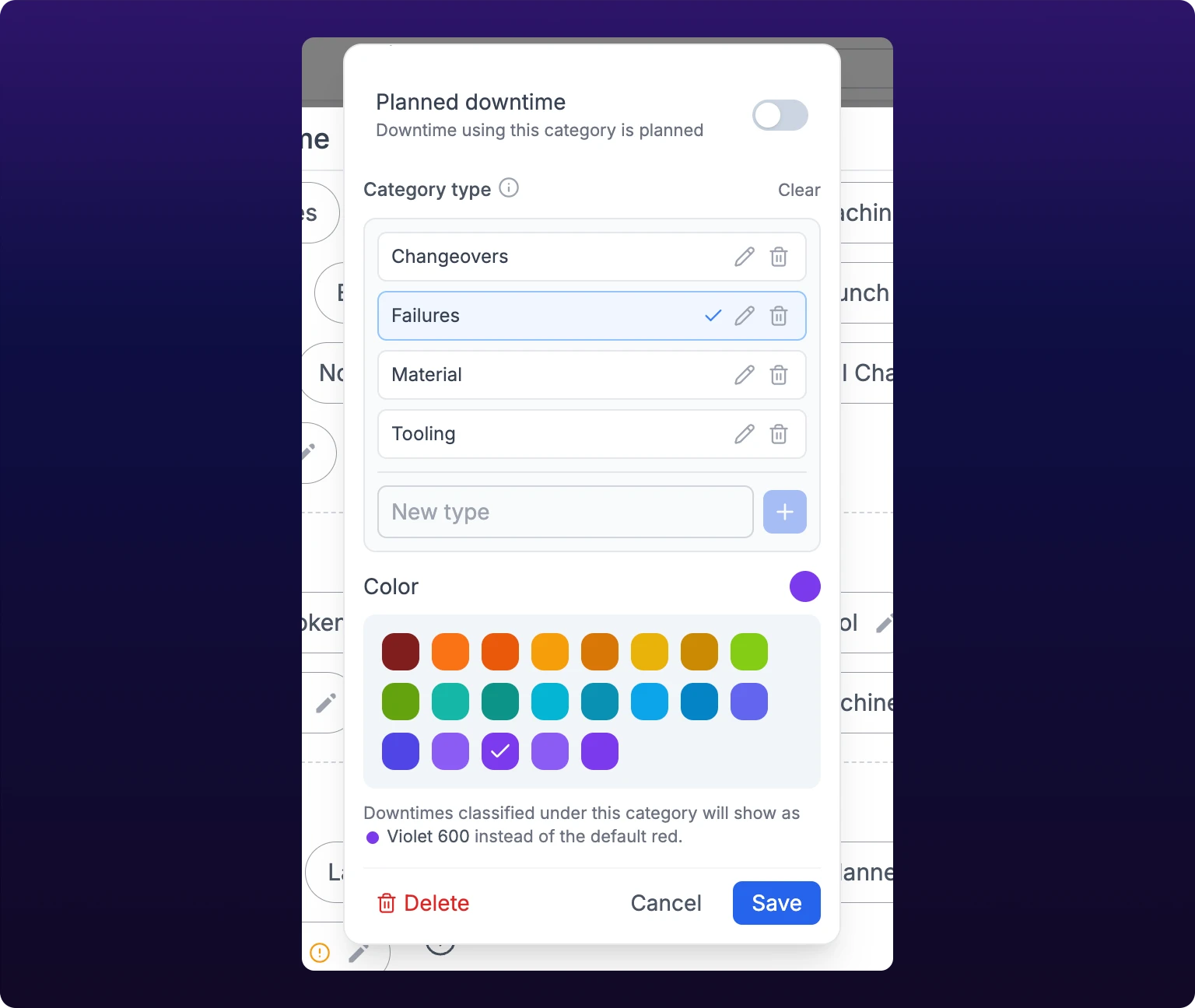 The Edit Category form for Machine Failure scrolled to its color grid, with the Planned downtime row and the Category type list above it. Twenty-one swatches sit in three rows, the dark default red first, and a white check mark marks a violet swatch in the bottom row. The Color dot at the right of the row has turned violet, and the line under the grid reads Downtimes classified under this category will show as Violet 600 instead of the default red