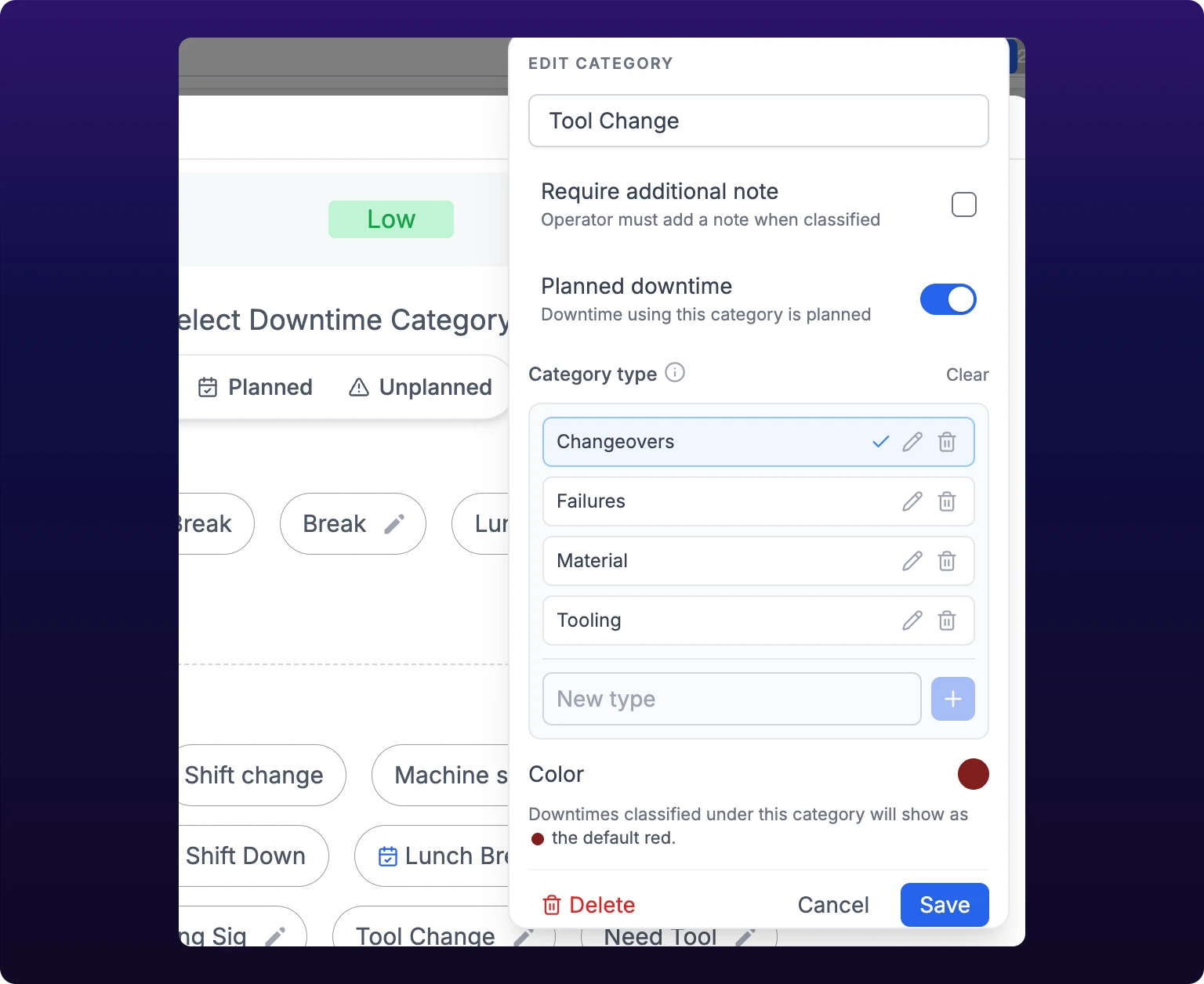 The Edit Category form open over the Classify Downtime modal, above the Tool Change chip in the Low severity row. The form holds a name field reading Tool Change, an unticked Require additional note row, a Planned downtime row whose toggle is on and whose helper text reads Downtime using this category is planned, and a Category type list with a Clear link at its right and four rows, Changeovers carrying a blue check, then Failures, Material and Tooling, each with a pencil and a trash icon, above a New type field and a plus button. A Color row showing the default red dot and the Delete, Cancel and Save buttons close the form