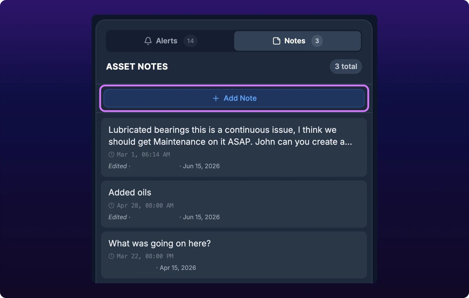 The Notes list on the Health tab with three notes, each showing its text, a timestamp and an author avatar, and pencil and trash icons at the right. The Add Note button at the top of the list is highlighted.