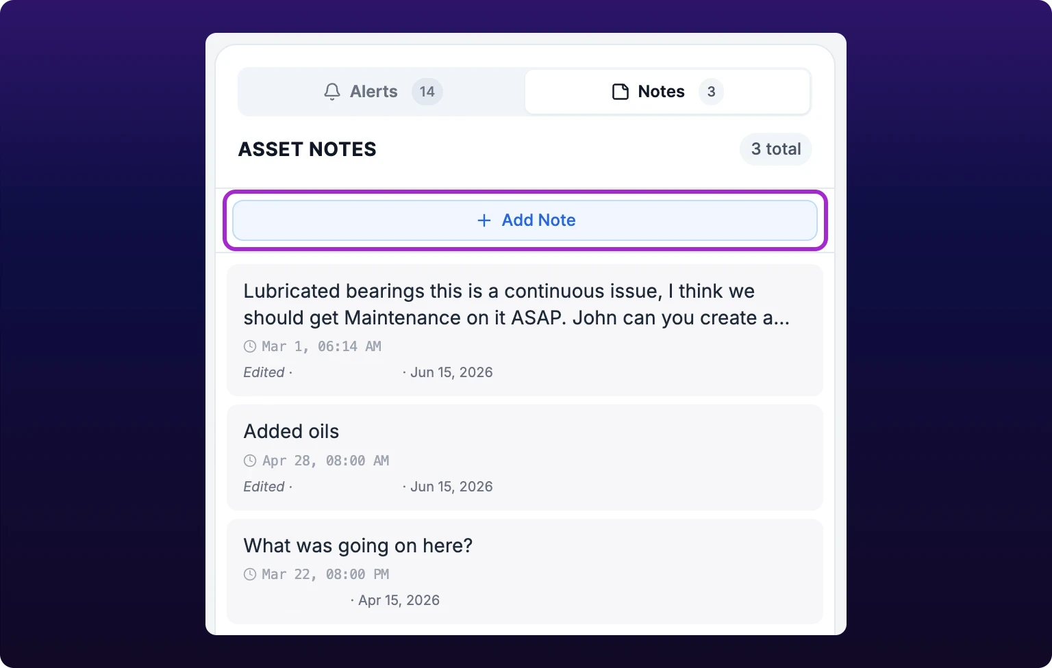 The Notes list on the Health tab with three notes, each showing its text, a timestamp and an author avatar, and pencil and trash icons at the right. The Add Note button at the top of the list is highlighted.