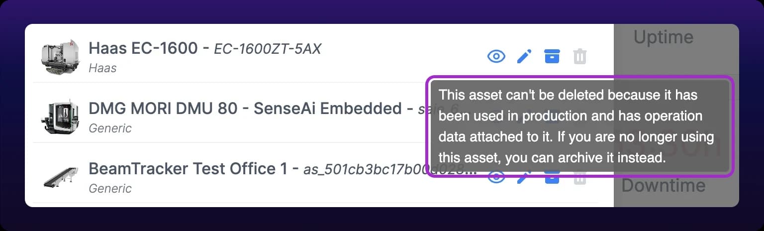 A grayed-out Delete control with the tooltip explaining that the asset has operation data attached