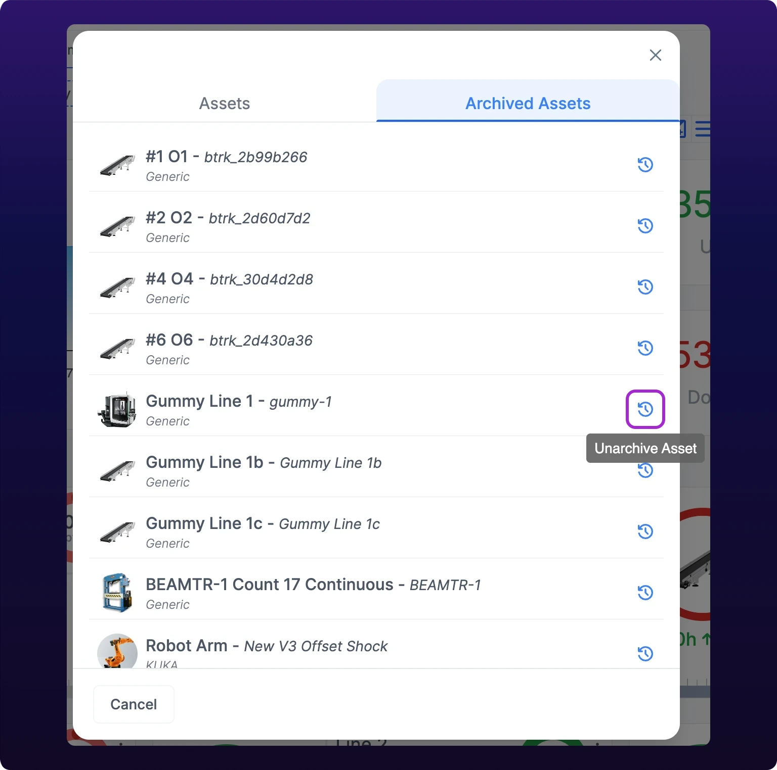 The Archived Assets tab of the Edit Assets modal with one archived machine and its unarchive control