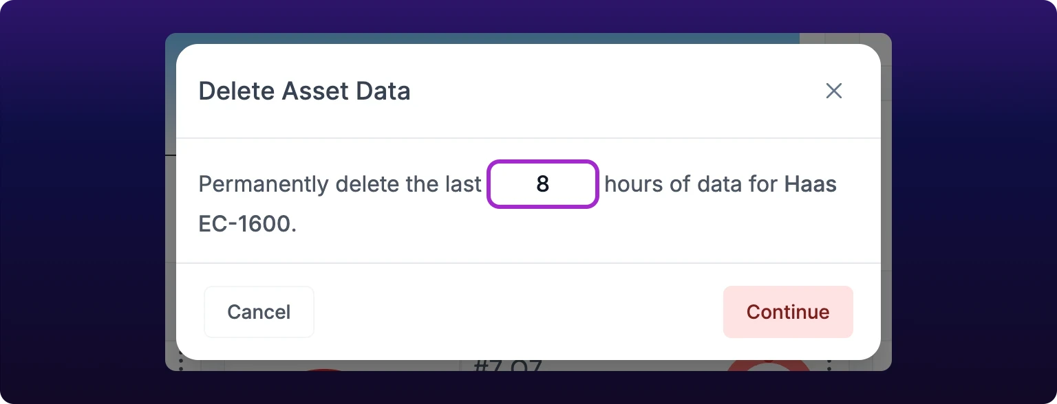 The Delete Asset Data dialog with the hours field filled in