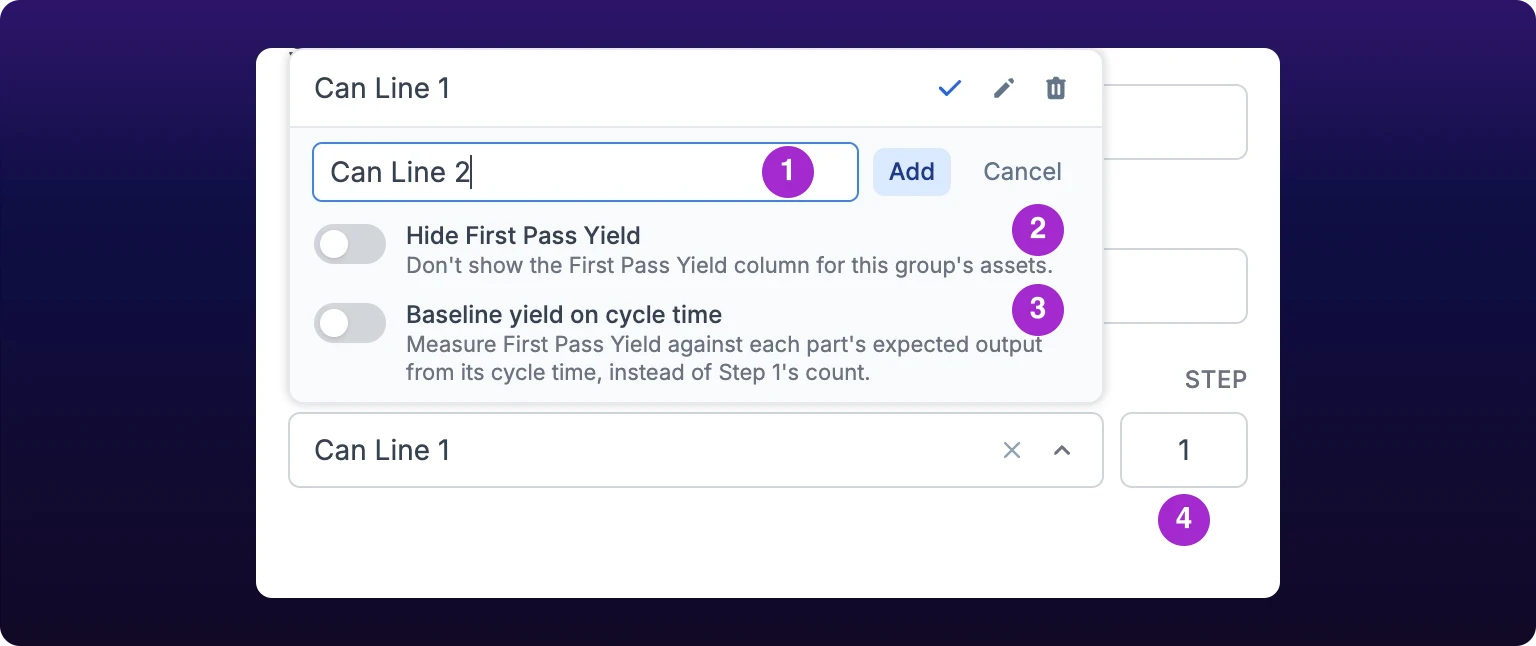 The Edit asset dialog with the Cascading Group dropdown open in create mode: a name field, an Add button, and the toggles Hide First Pass Yield and Baseline yield on cycle time, with the Step field to the right of the dropdown