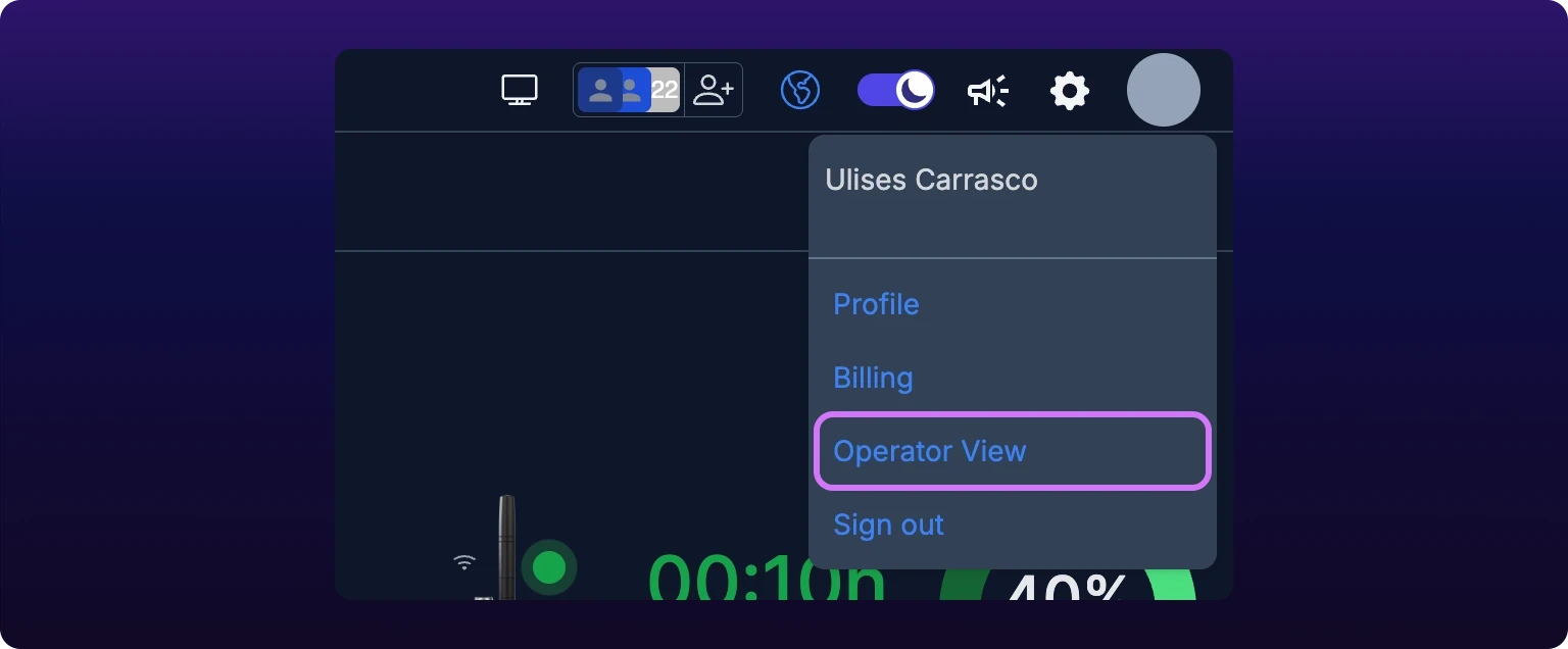 The profile dropdown open under the avatar at the top right of the header, listing Profile, Billing, Operator View and Sign out, with Operator View highlighted