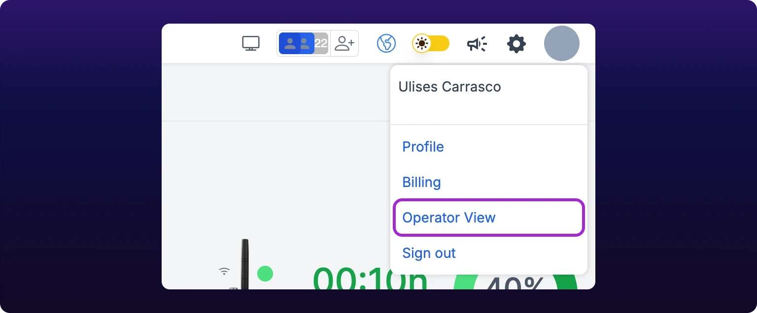 The profile dropdown open under the avatar at the top right of the header, listing Profile, Billing, Operator View and Sign out, with Operator View highlighted