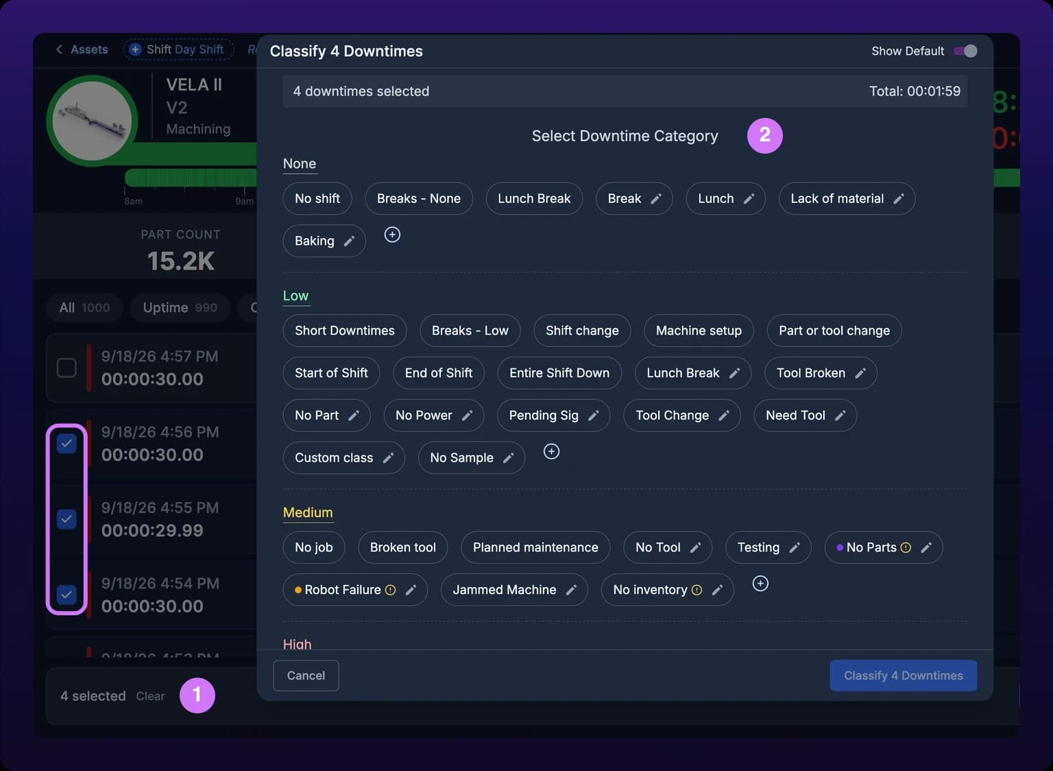 The All Downtime tab on the Unclassified filter with four stop cards ticked, a bar at the bottom reading 4 selected and Classify 4 Downtimes, and the classification modal open on its category picker, with numbered callouts on the selection and the picker