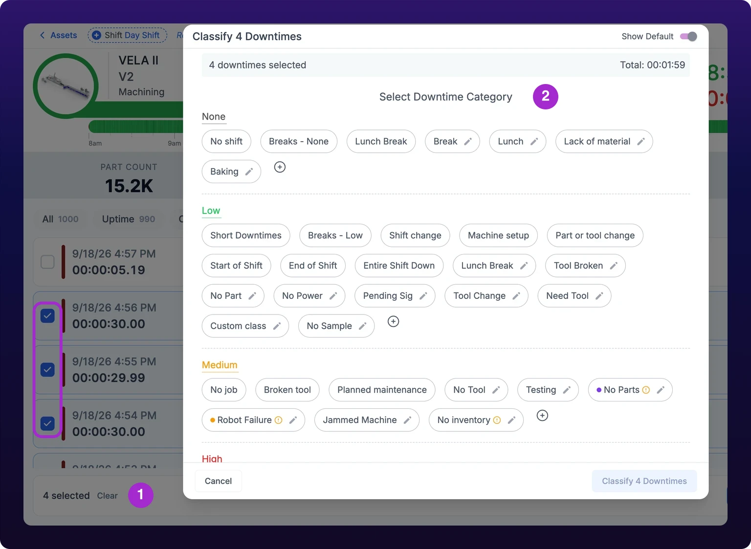 The All Downtime tab on the Unclassified filter with four stop cards ticked, a bar at the bottom reading 4 selected and Classify 4 Downtimes, and the classification modal open on its category picker, with numbered callouts on the selection and the picker