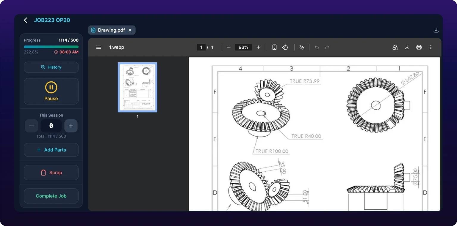 The Jobs tab detail view for one active job: a sidebar with the job's progress, a Pause button, a parts counter with minus and plus buttons, Add Parts, Scrap and Complete Job, beside a file viewer showing the job's drawing