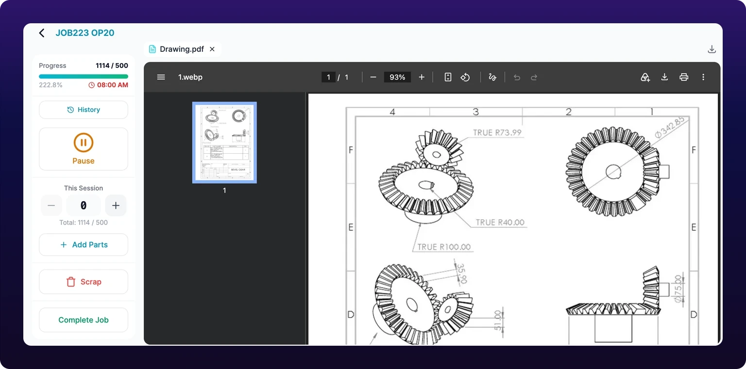 The Jobs tab detail view for one active job: a sidebar with the job's progress, a Pause button, a parts counter with minus and plus buttons, Add Parts, Scrap and Complete Job, beside a file viewer showing the job's drawing