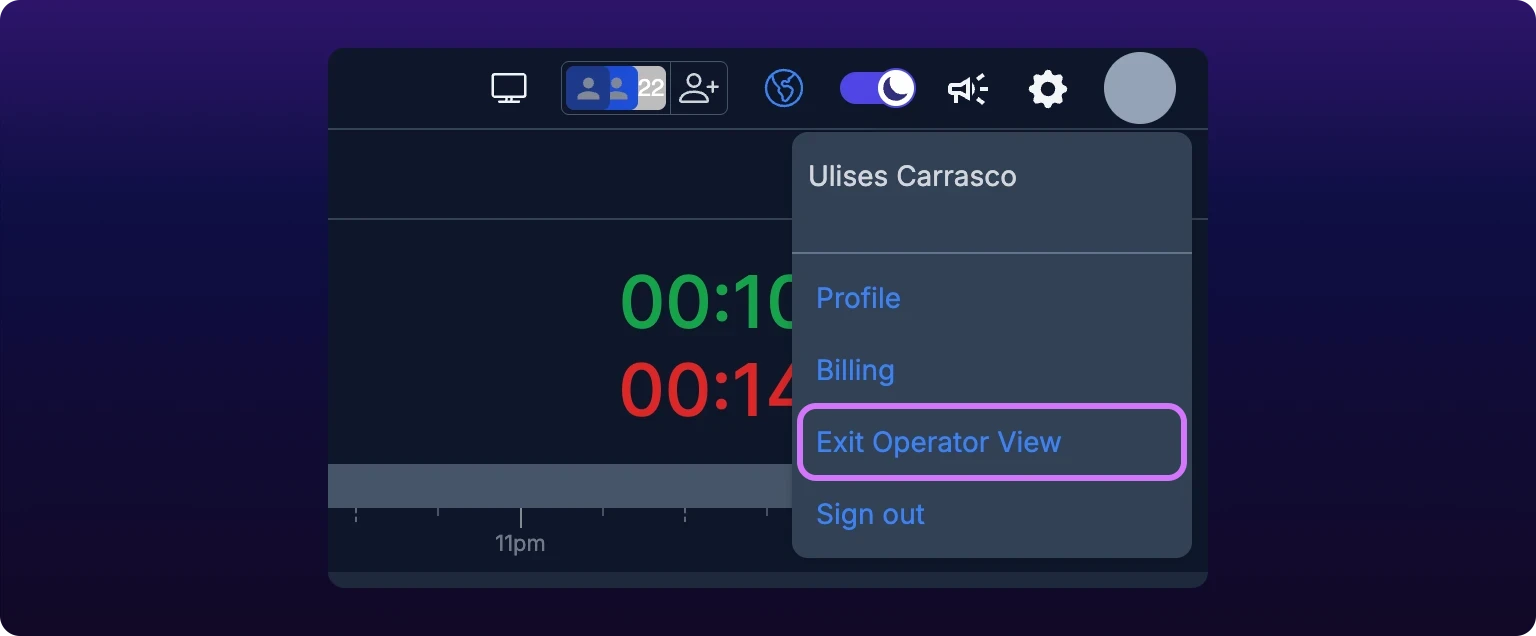 The profile dropdown open in Operator View, listing Profile, Billing, Exit Operator View and Sign out, with Exit Operator View highlighted