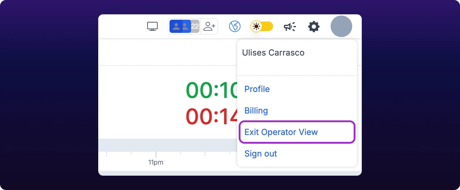 The profile dropdown open in Operator View, listing Profile, Billing, Exit Operator View and Sign out, with Exit Operator View highlighted