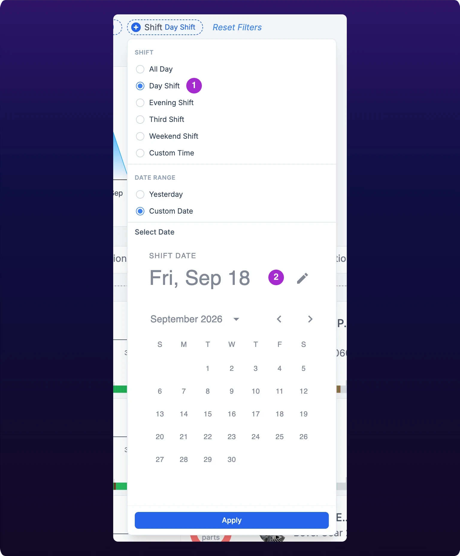 The shift selector popover on the Assets page toolbar, with numbered callouts on the Shift list, where Day Shift is selected, and on the Select Date calendar showing today
