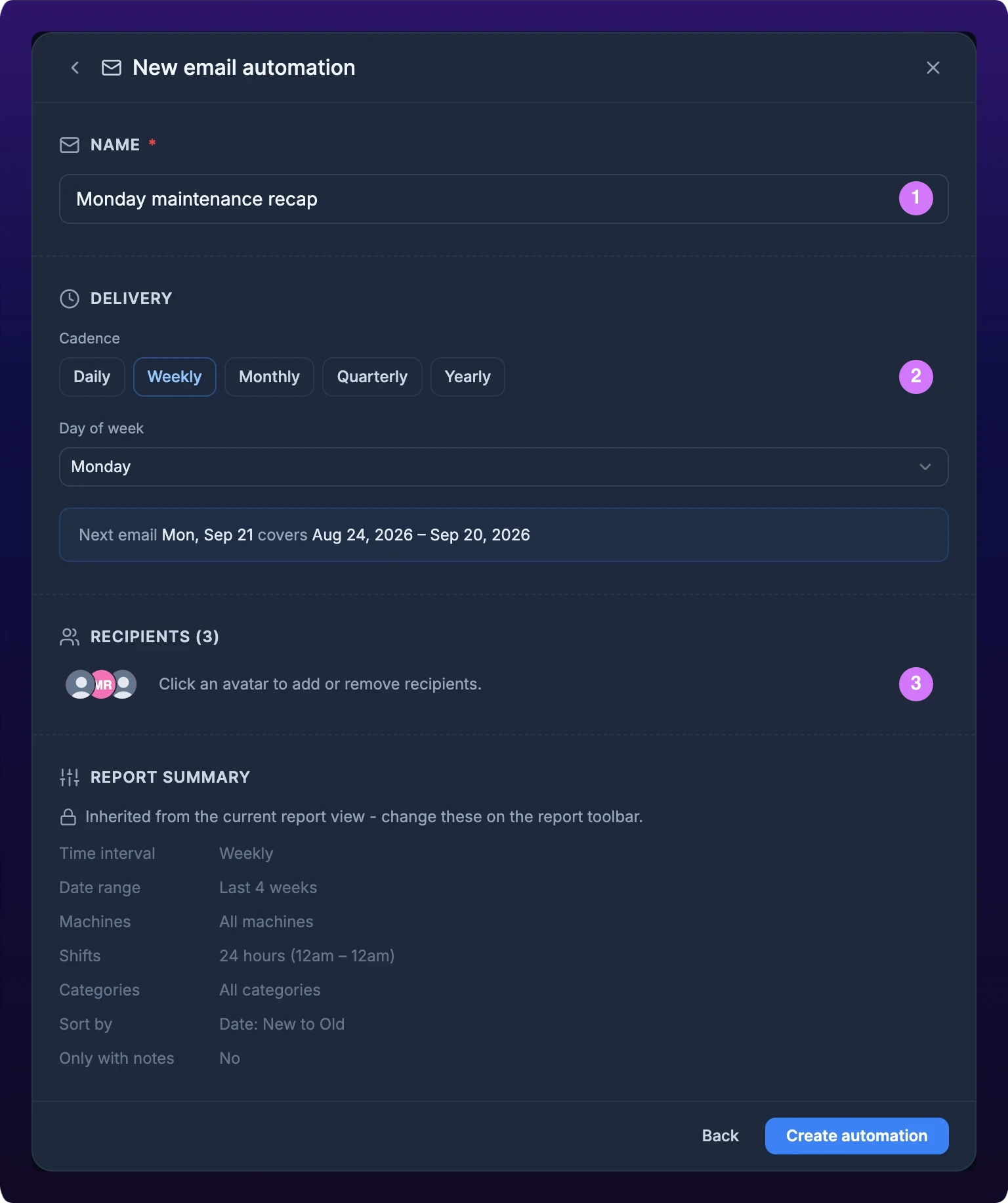 The New email automation form. A Name field holds Monday maintenance recap, a Delivery section shows five cadence chips with Weekly selected and a Day of week picker set to Monday, a preview line reads Next email covers a date range, and a Recipients section shows three member avatars. A read-only Report Summary sits at the bottom.