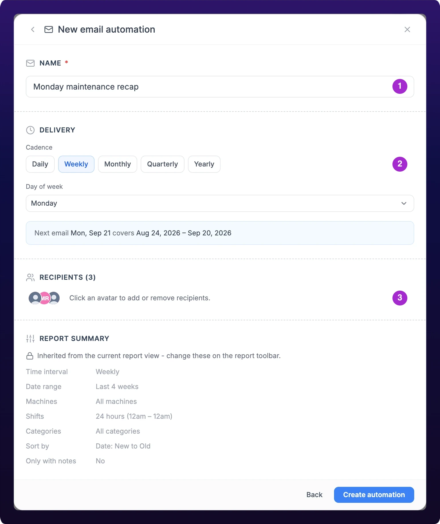 The New email automation form. A Name field holds Monday maintenance recap, a Delivery section shows five cadence chips with Weekly selected and a Day of week picker set to Monday, a preview line reads Next email covers a date range, and a Recipients section shows three member avatars. A read-only Report Summary sits at the bottom.