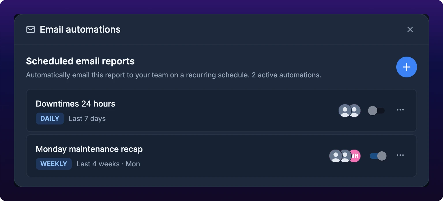 The Email automations list with two rows. Each row shows a name, a blue cadence badge reading Daily or Weekly, the date window and delivery day beneath it, a group of recipient avatars, an enable switch and a three-dot menu. A plus button sits above the list.