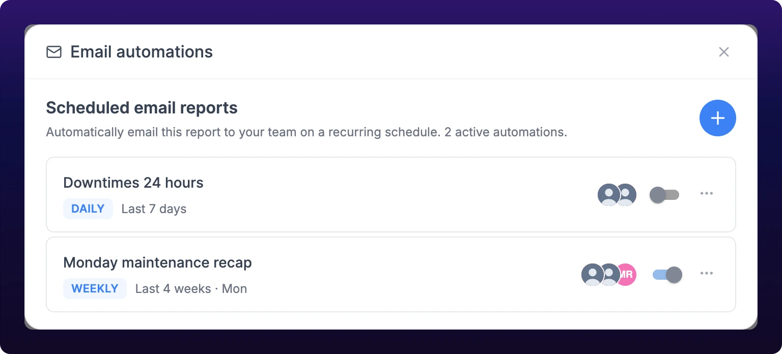 The Email automations list with two rows. Each row shows a name, a blue cadence badge reading Daily or Weekly, the date window and delivery day beneath it, a group of recipient avatars, an enable switch and a three-dot menu. A plus button sits above the list.