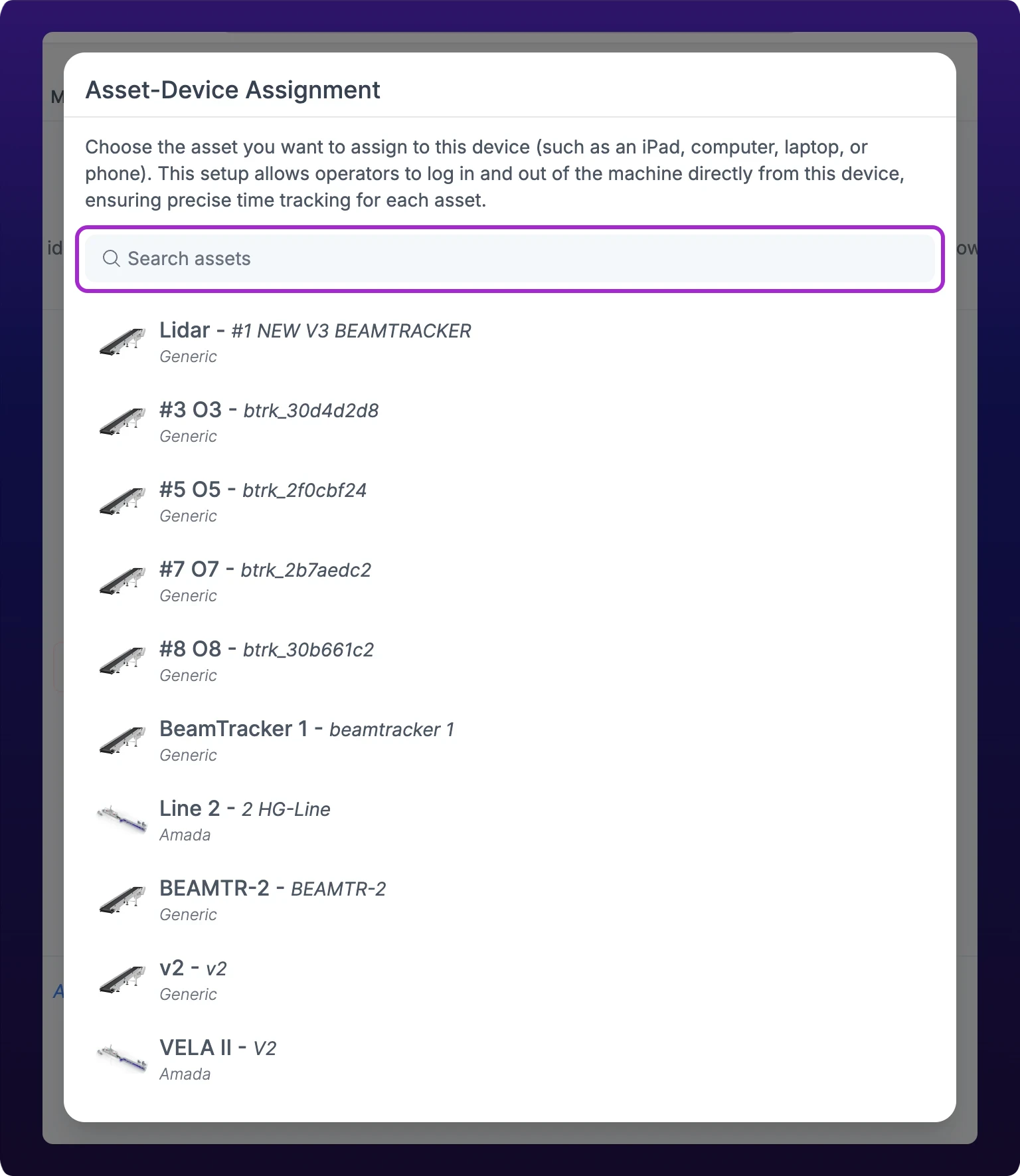 The Assign to Local Device section of Organization Settings with the Asset-Device Assignment dialog open over it, showing a search box reading Search assets above a list of machines, with the asset picker highlighted