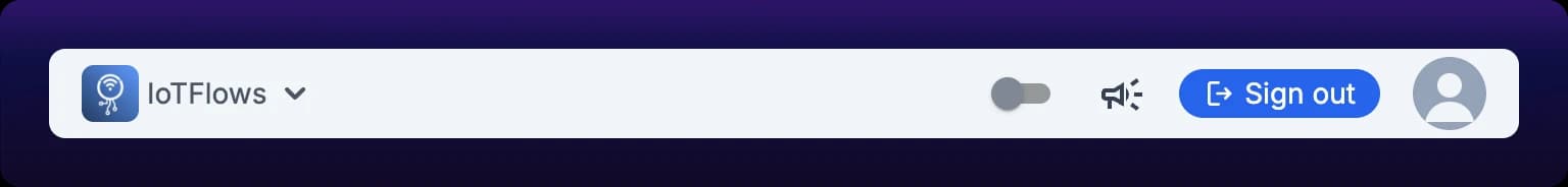 The reduced station header: the organization name at the left, then a dark mode switch, a feedback button, a Sign out button and the user avatar at the right, with no product menu between them