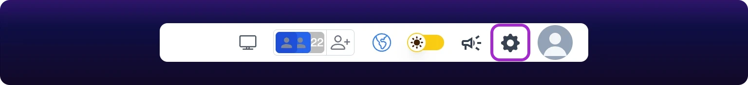 The right end of the standard header showing the notifications bell, the gear icon and the user avatar, with the gear icon highlighted