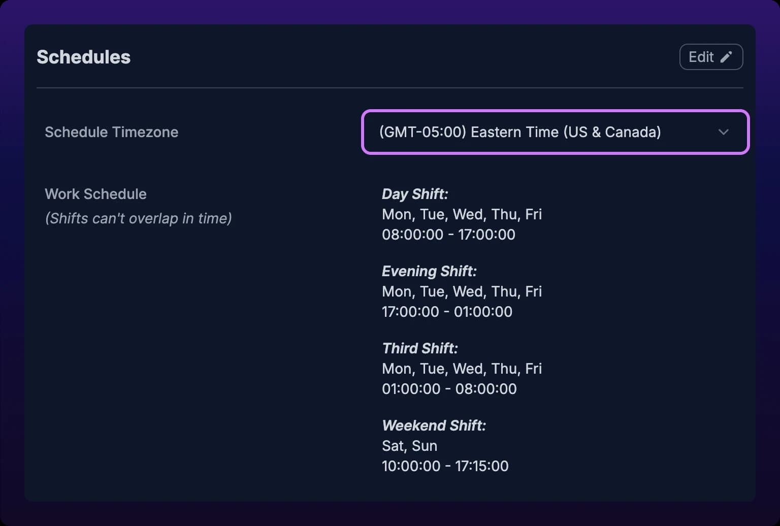 The Schedules panel in Organization Settings. A row labeled Schedule Timezone holds a dropdown reading a GMT offset followed by a named zone, highlighted with a violet box. Below it, a Work Schedule row lists each shift with its name, its days abbreviated to three letters, and its start and end times