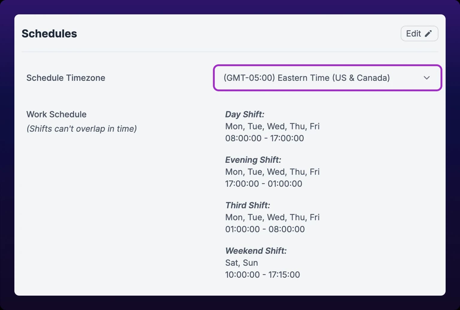 The Schedules panel in Organization Settings. A row labeled Schedule Timezone holds a dropdown reading a GMT offset followed by a named zone, highlighted with a violet box. Below it, a Work Schedule row lists each shift with its name, its days abbreviated to three letters, and its start and end times