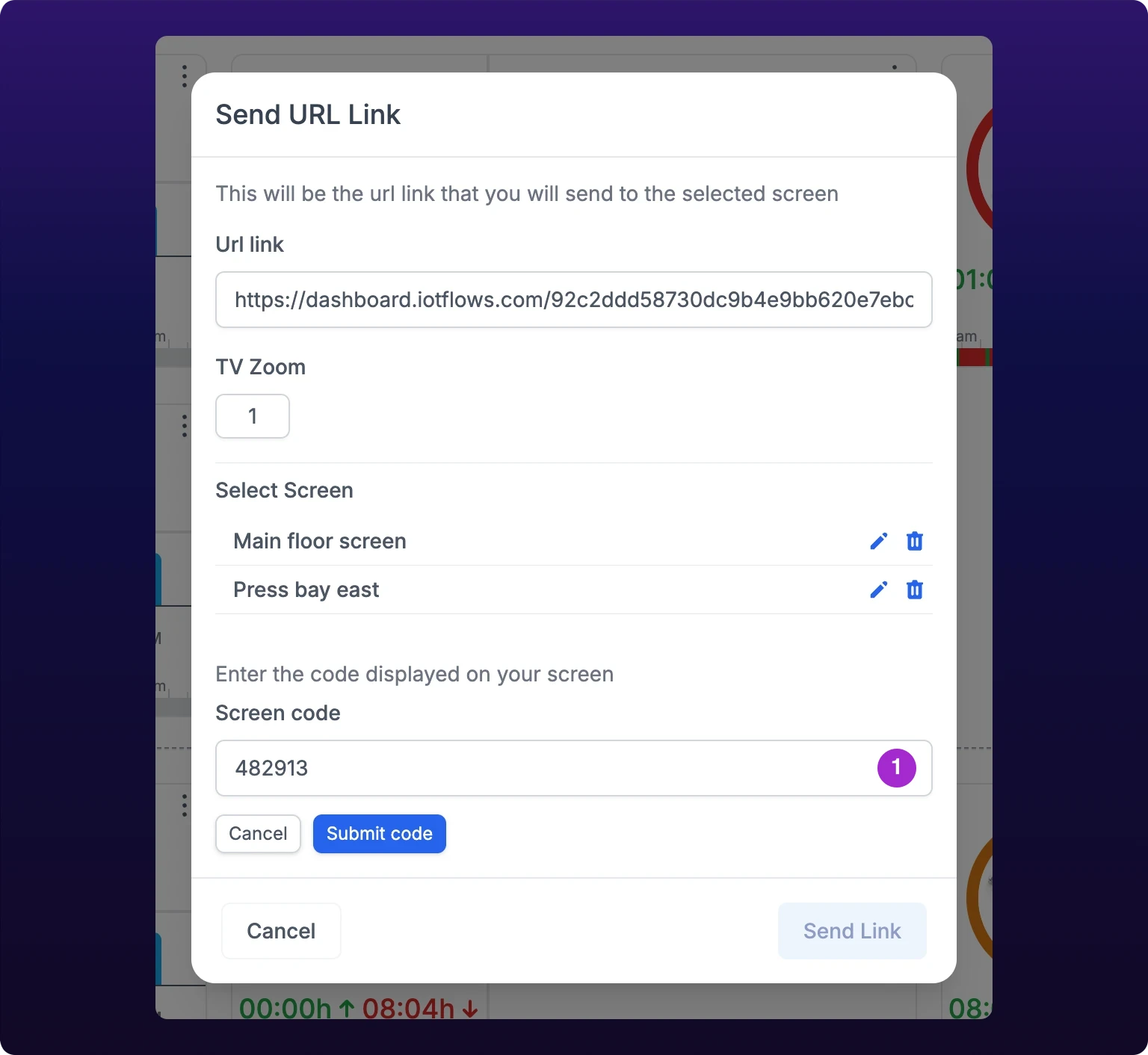 The Send URL Link modal with the Add Screen form open under two paired screens, a numbered callout on the Screen code field holding the six-digit number 482913, and the Submit code button beside a Cancel button