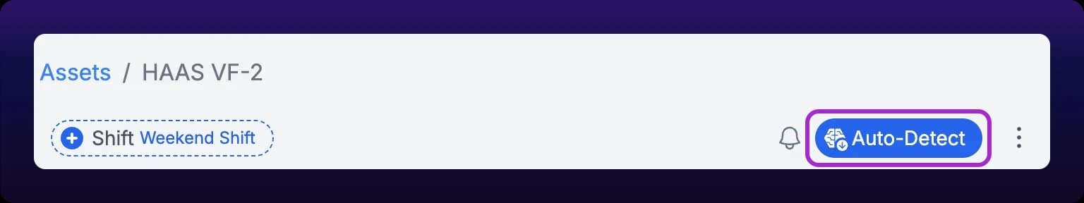 The Assets / HAAS VF-2 breadcrumb above the control bar of the machine's detail page, with a violet highlight around the blue Auto-Detect button at the bar's right end, beside the notifications bell and the actions menu, and the shift filter at its left end