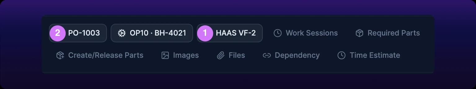 A cropped detail of the chip row with two numbered violet callouts. Callout 1 marks the Asset chip, filled and reading HAAS VF-2 beside a wrench icon. Callout 2 marks the Part of Job chip at the head of the row, filled and reading PO-1003 beside a briefcase icon. Between them sits a third filled chip reading OP10 · BH-4021, the operation the machine filled in. The chips after them, Work Sessions, Required Parts, Create/Release Parts, Images, Files, Dependency and Time Estimate, are gray and unset.