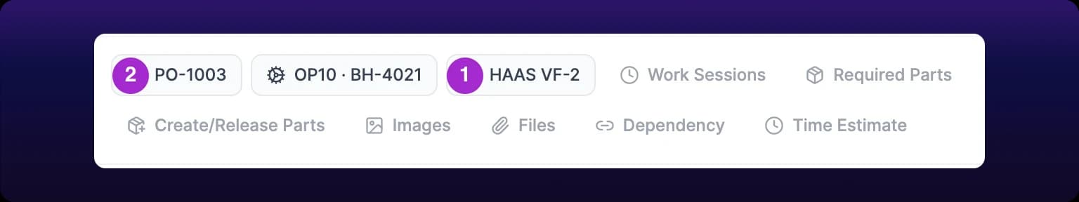 A cropped detail of the chip row with two numbered violet callouts. Callout 1 marks the Asset chip, filled and reading HAAS VF-2 beside a wrench icon. Callout 2 marks the Part of Job chip at the head of the row, filled and reading PO-1003 beside a briefcase icon. Between them sits a third filled chip reading OP10 · BH-4021, the operation the machine filled in. The chips after them, Work Sessions, Required Parts, Create/Release Parts, Images, Files, Dependency and Time Estimate, are gray and unset.