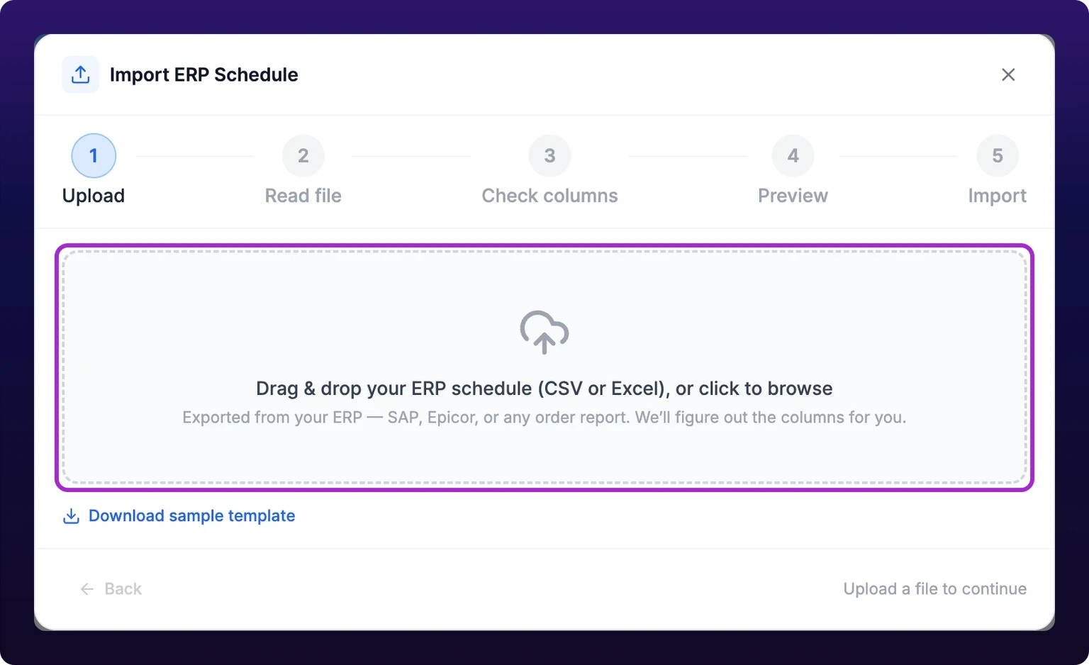 The Import ERP Schedule dialog on its first step. A five-part step indicator across the top reads Upload, Read file, Check columns, Preview, Import, with Upload active; Match people is not listed yet, because no Assignee column has been mapped. Below it a large dashed drop zone, ringed in violet, carries an upload-cloud icon and the text Drag and drop your ERP schedule (CSV or Excel), or click to browse, and under that a smaller line reading Exported from your ERP: SAP, Epicor, or any order report. We will figure out the columns for you. A Download sample template link sits at the bottom left, and the footer reads Upload a file to continue.