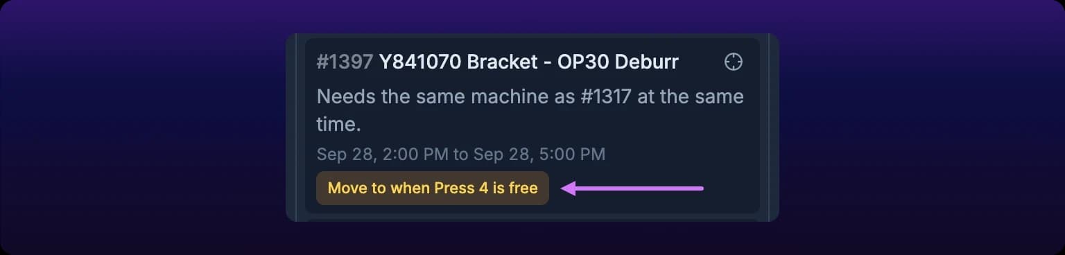 A cropped detail of one amber row in the Schedule issues panel. It reads #1397 Y841070 Bracket - OP30 Deburr, with a crosshair button at its right, the sentence Needs the same machine as #1317 at the same time, a smaller line reading Sep 28, 2:00 PM to Sep 28, 5:00 PM, and an amber button reading Move to when Press 4 is free. A violet arrow runs in from the right and points at the button.