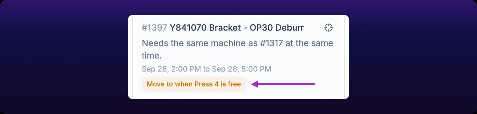 A cropped detail of one amber row in the Schedule issues panel. It reads #1397 Y841070 Bracket - OP30 Deburr, with a crosshair button at its right, the sentence Needs the same machine as #1317 at the same time, a smaller line reading Sep 28, 2:00 PM to Sep 28, 5:00 PM, and an amber button reading Move to when Press 4 is free. A violet arrow runs in from the right and points at the button.