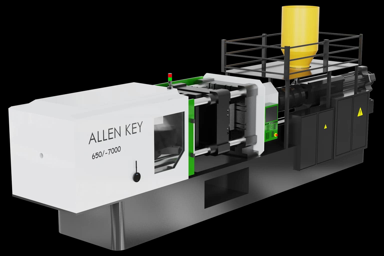 A horizontal injection molding machine, with the clamp unit and mold area on the left and the injection unit, hopper and hydraulic power unit on the right