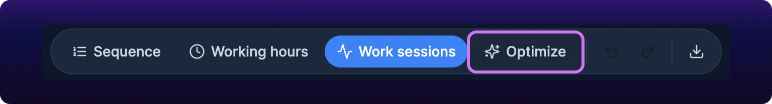 A cropped detail of the left half of the Gantt toolbar. Four pills read Sequence, Working hours, Work sessions and Optimize, the last carrying a sparkle icon and ringed in violet, with undo, redo and download icons past a divider to its right.