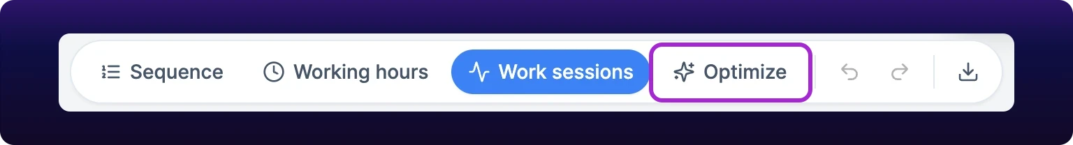 A cropped detail of the left half of the Gantt toolbar. Four pills read Sequence, Working hours, Work sessions and Optimize, the last carrying a sparkle icon and ringed in violet, with undo, redo and download icons past a divider to its right.