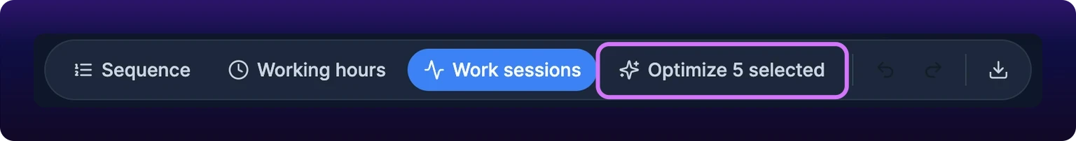 A cropped detail of the Gantt toolbar with bars selected on the board below. The Optimize pill, ringed in violet, has widened to read Optimize 5 selected. To its left sit Sequence and Working hours unfilled and Work sessions filled blue, and to its right the undo, redo and download icons.