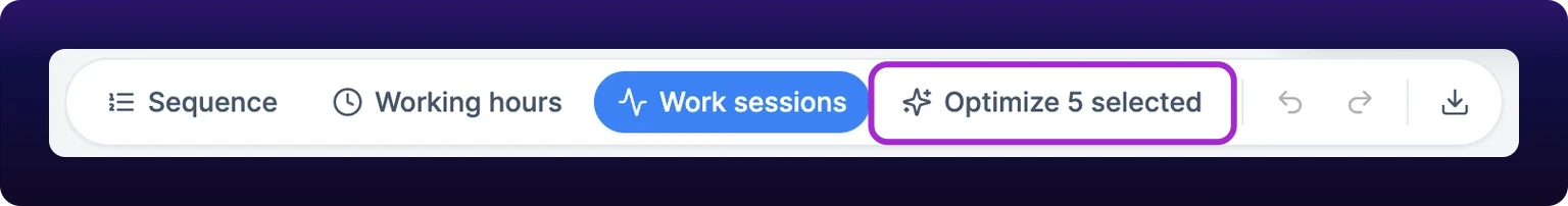 A cropped detail of the Gantt toolbar with bars selected on the board below. The Optimize pill, ringed in violet, has widened to read Optimize 5 selected. To its left sit Sequence and Working hours unfilled and Work sessions filled blue, and to its right the undo, redo and download icons.