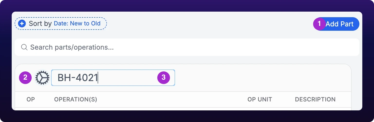 The header strip of a part card on the Parts List with three numbered violet callouts: 1 on the Add Part button in the toolbar above, 2 on the round part picture control at the left of the header, 3 on the open part name input holding BH-4021