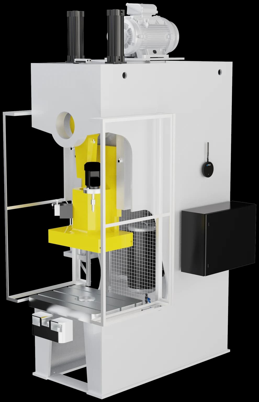 A C-frame press seen from the operator side, with a SenseAi magnet-mounted on the flat side of the frame above the electrical cabinet, level with the ram and the die area