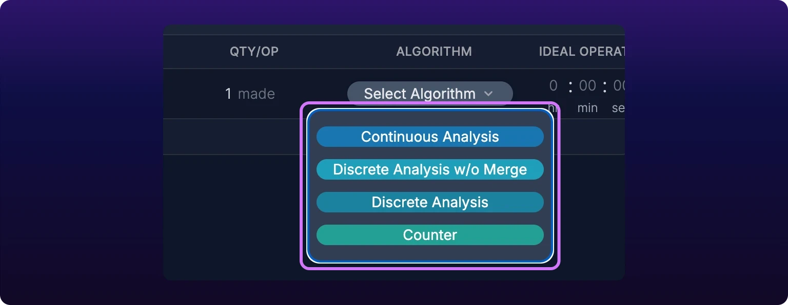 The Algorithm cell of an operation row reading Select Algorithm with its dropdown open below it, listing the four algorithms as colored pills in order: Continuous Analysis, Discrete Analysis w/o Merge, Discrete Analysis and Counter, with a violet highlight around the open dropdown