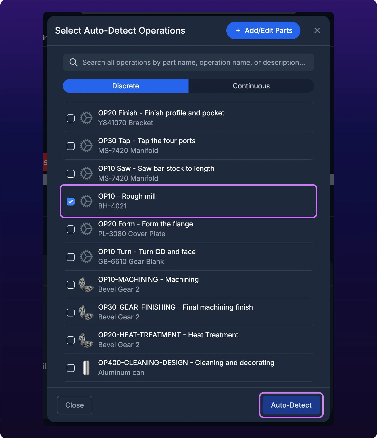 The Select Auto-Detect Operations modal opened from the asset HAAS VF-2, on the Discrete tab, its list of checkbox rows scrolled to the operation OP10 on part BH-4021, which is checked. Violet highlights mark the checked row and the Auto-Detect button in the footer