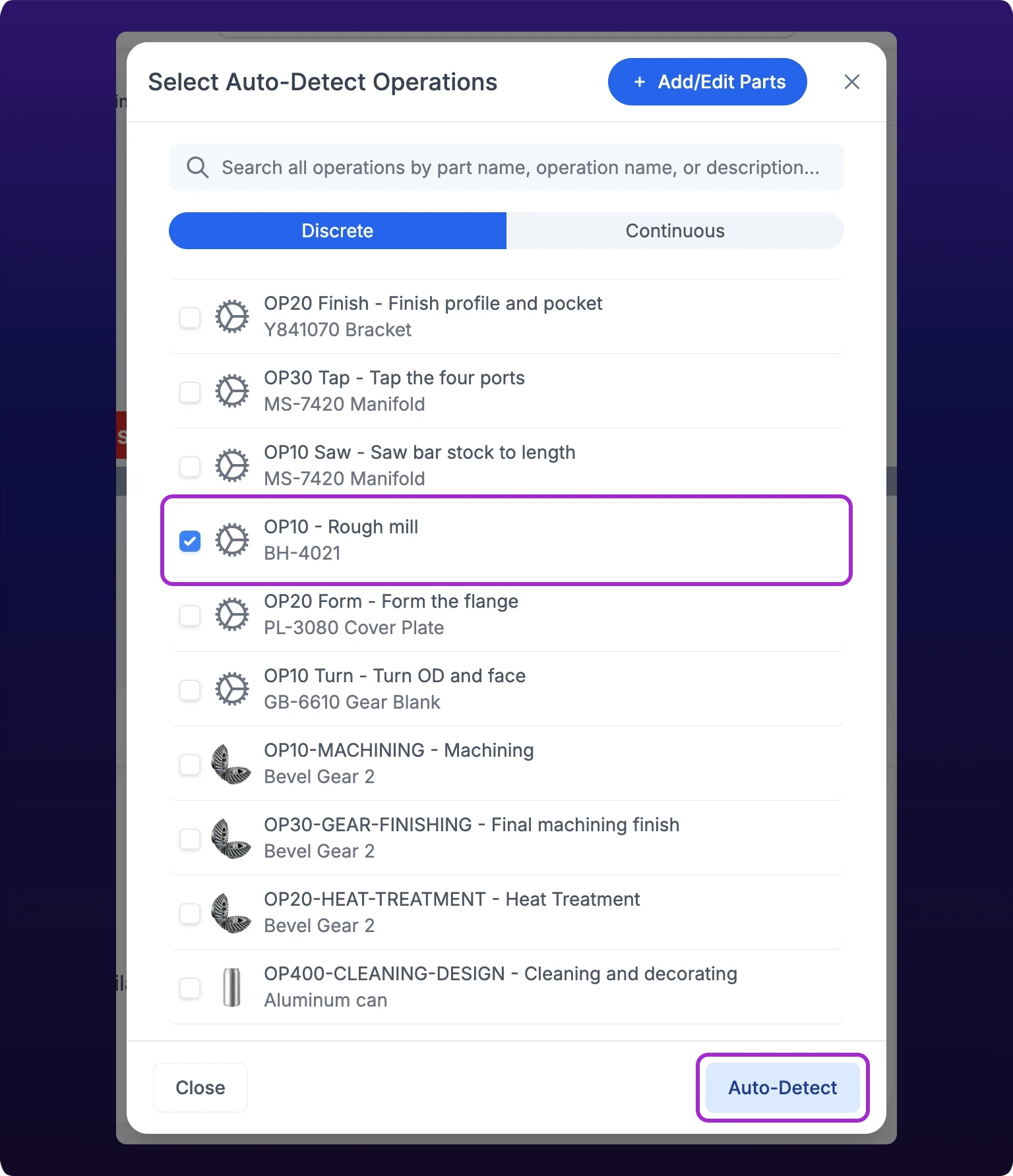 The Select Auto-Detect Operations modal opened from the asset HAAS VF-2, on the Discrete tab, its list of checkbox rows scrolled to the operation OP10 on part BH-4021, which is checked. Violet highlights mark the checked row and the Auto-Detect button in the footer